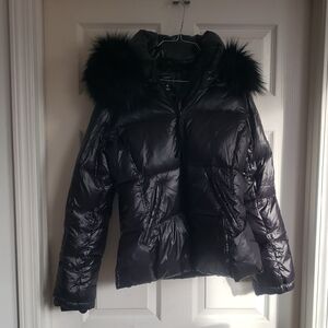 Aqua Shiny Black Puffer Jacket with Faux Fur Trim